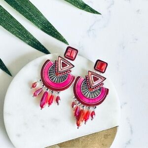 2/$30🌵 Pink & Red Geo Semi Circle Chandelier Earrings Silver Boho Southwestern